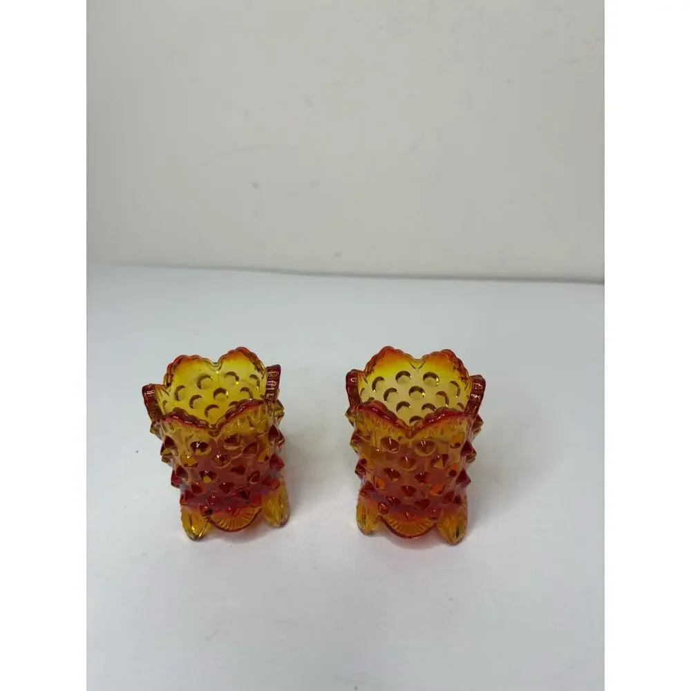 Vintage Fenton Orange Red Amberina Hobnail Footed Toothpick Holder Set of 2